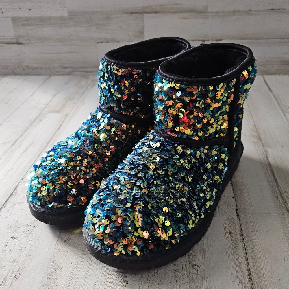 UGG Classic Mini Stellar Sequin 1112515 Black Multi Color Womens Sz 7 Boots - Picture 2 of 8